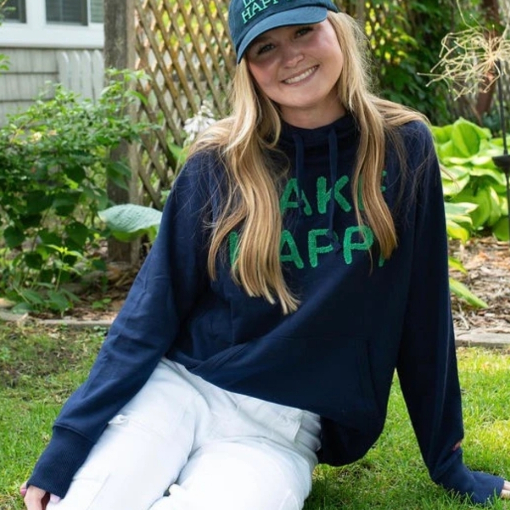 LAKE HAPPY Navy Blue Crewneck Sweatshirt Green Chenille Lettering SMALL - Picture 9 of 9
